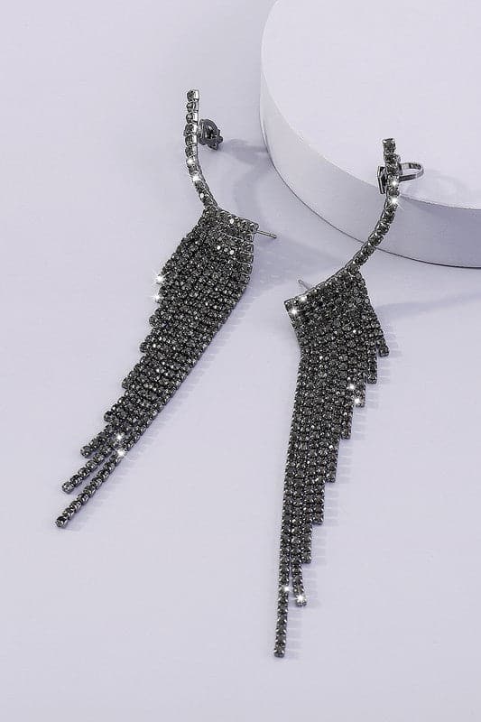 Rhinestone Long Tassel Drop Earrings-Black-AVAH