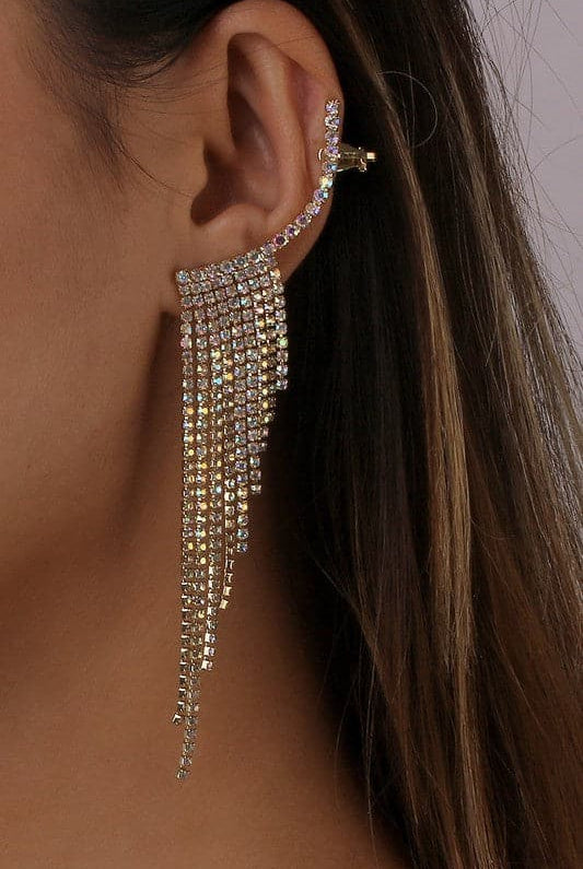 Rhinestone Long Tassel Drop Earrings-Gold-AVAH
