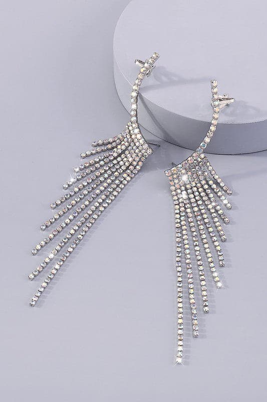 Rhinestone Long Tassel Drop Earrings-Silver-AVAH
