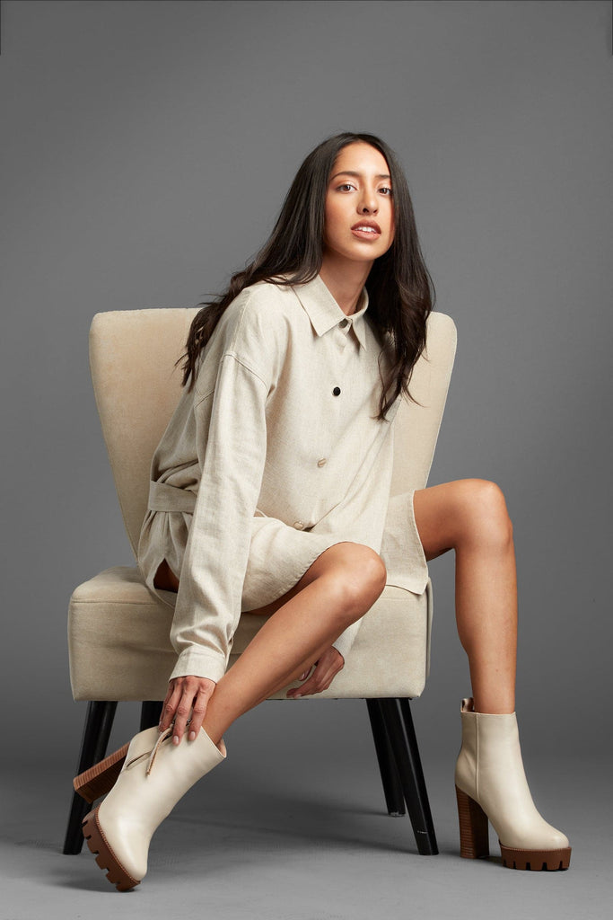 Block Heel Chunky Leather Boot, Beige-Avah Couture
