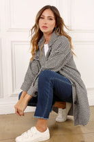 This long shacket is the perfect piece for fall. The houndstooth pattern is so chic seriously stylish. You will look and feel amazing in this shacket. It has a button up front, a shirt collar neckline, long sleeves, a single button at cuff and two chest flap pockets which give it an amazing functionality that makes you look like a million bucks! Avah Couture