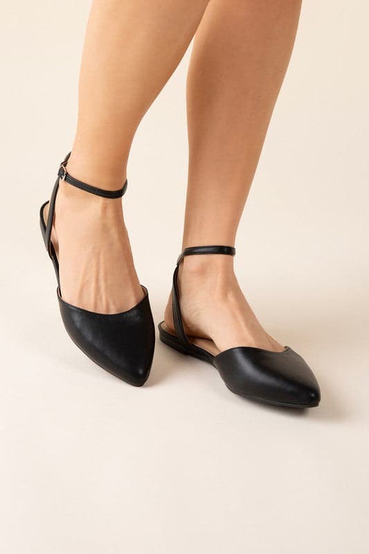 Pointed Toe Ankle Strap Flats - Black- Avah Couture