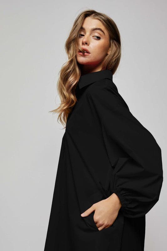  Puff Sleeve Button Down Shirt Dress-Black-Avah Couture