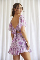 Anastasia Floral Flutter Sleeve Mini Dress-Lilac - Avah Couture