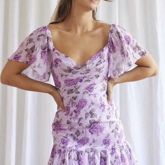 Anastasia Floral Flutter Sleeve Mini Dress-Lilac - Avah Couture