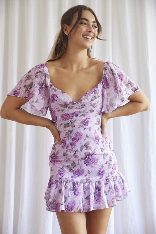 Anastasia Floral Flutter Sleeve Mini Dress-Lilac - Avah Couture