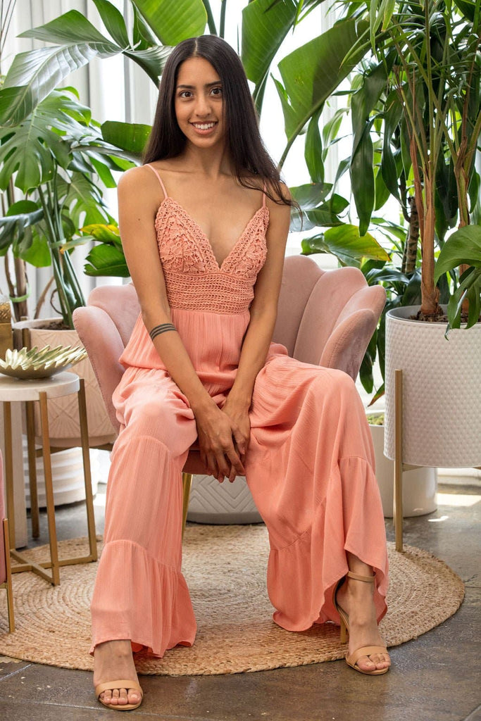 Boardwalk Lace Inset Wide Leg Jumpsuit-Pink - Avah Couture