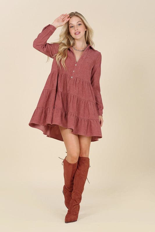 Timeless Corduroy Tiered Mini Dress - Blue or Pink