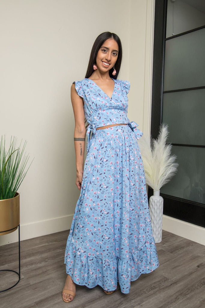 Cali Blue & Wild Rose Two-Piece Crop Top & Maxi Skirt - Avah Couture