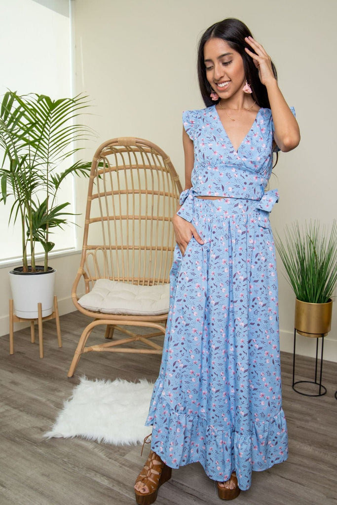 Cali Blue & Wild Rose Two-Piece Crop Top & Maxi Skirt - Avah Couture