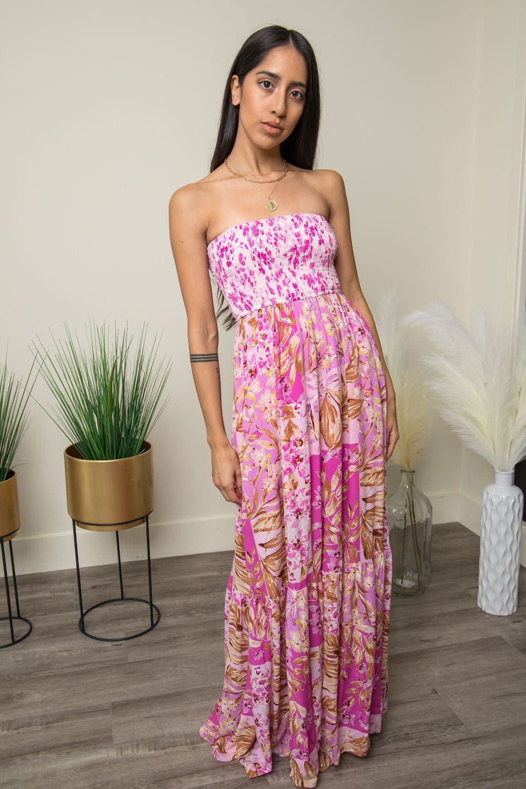 Cotton Candy Ruffle Floral Print Maxi Dress -Pink - AVAH