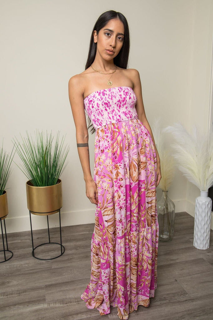 Cotton Candy Ruffle Floral Print Maxi Dress -Pink - Avah Couture