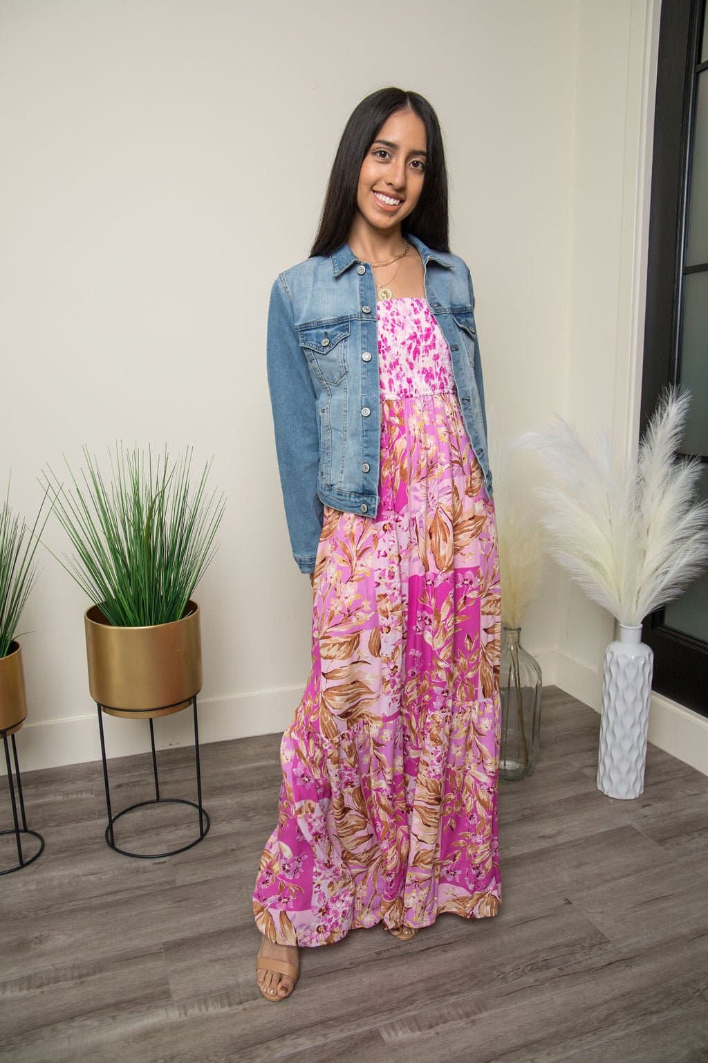 Cotton Candy Ruffle Floral Print Maxi Dress -Pink - AVAH