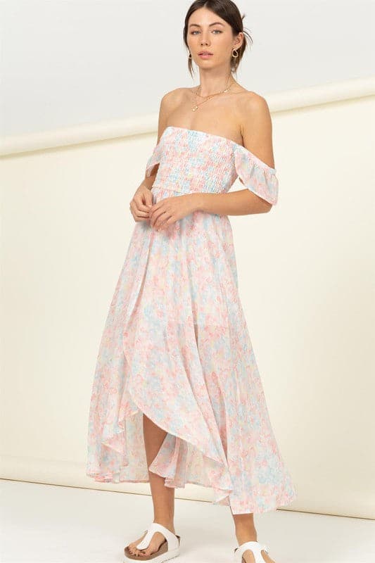 Love Affair Pastel Florals Off The Shoulder Midi Dress