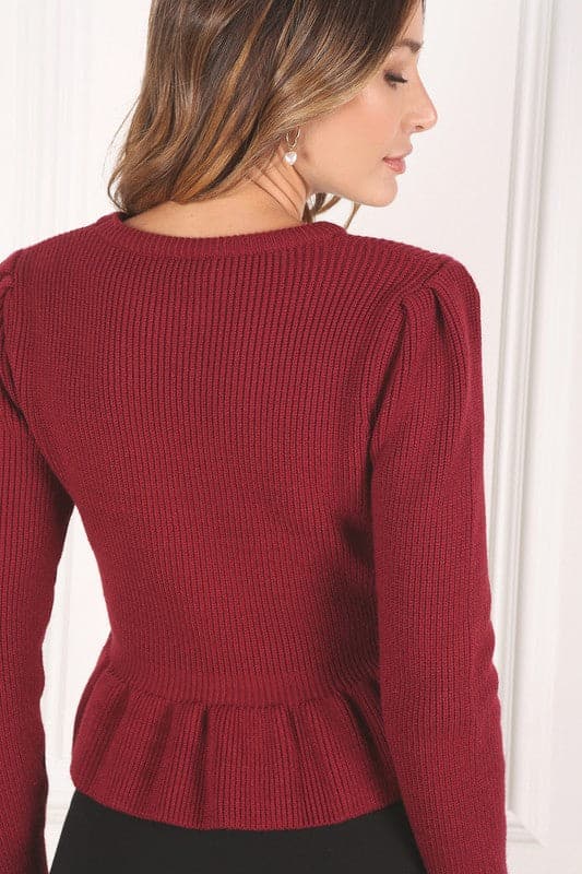 Irresistible You Peplum Sweater-Burgundy-AVAH