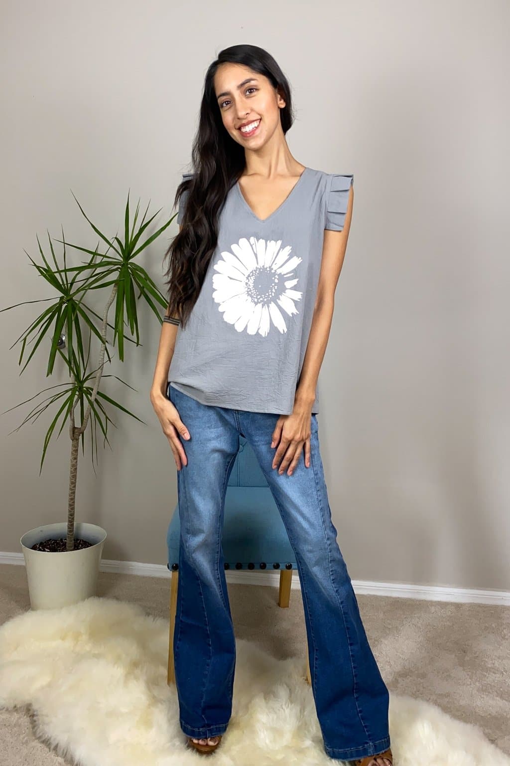 Daisy Gray V-Neck Top - AVAH