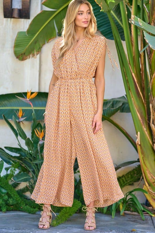 Delilah Printed V Neck Sleeveless Jumpsuit - Avah Couture