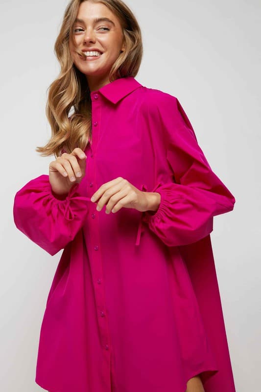  Puff Sleeve Button Down Shirt Dress-Fuchsia-Pink-Avah Couture
