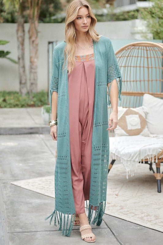 Don't Forget Me Solid Long Cardigan With Fringe - Natural or Sage Blue - Avah Couture