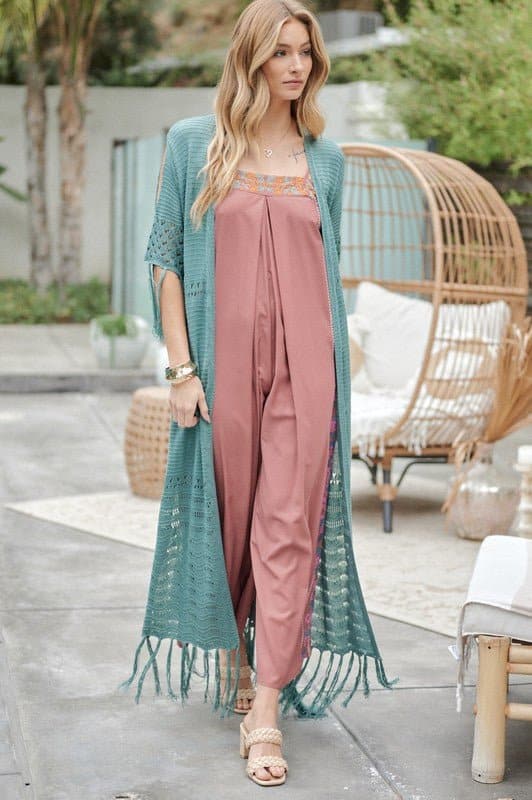 Don't Forget Me Solid Long Cardigan With Fringe - Natural or Sage Blue - Avah Couture