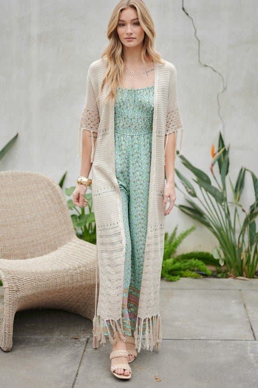 Don't Forget Me Solid Long Cardigan With Fringe - Natural or Sage Blue - Avah Couture