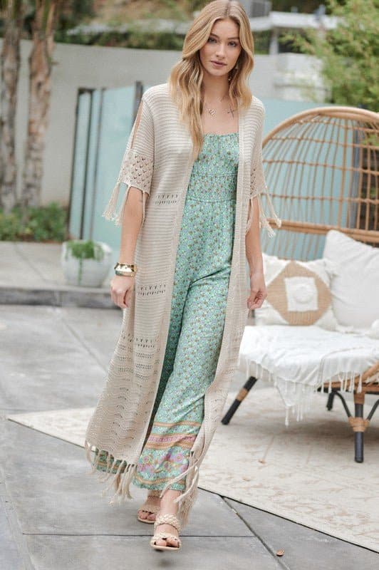 Don't Forget Me Solid Long Cardigan With Fringe - Natural or Sage Blue - Avah Couture