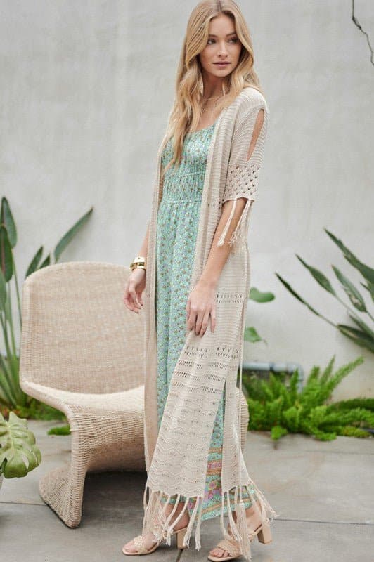 Don't Forget Me Solid Long Cardigan With Fringe - Natural or Sage Blue - Avah Couture