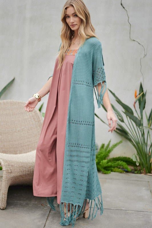 Don't Forget Me Solid Long Cardigan With Fringe - Natural or Sage Blue - Avah Couture