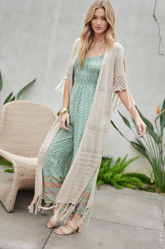 Don't Forget Me Solid Long Cardigan With Fringe - Natural or Sage Blue - Avah Couture