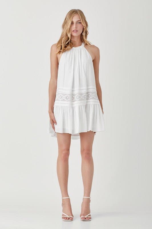 Easy Breezy Halter Neck Lace Trim Mini Dress - Blue or White - Avah Couture