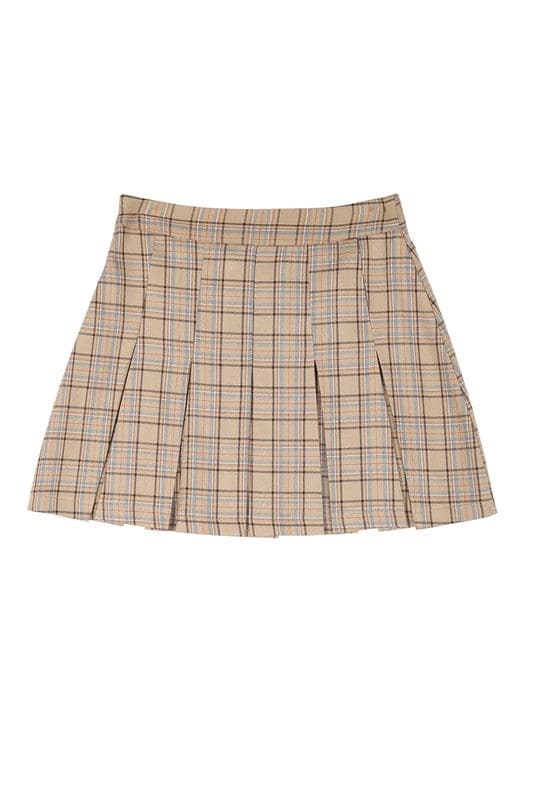 What fun fall will bring with the Baby Baby Plaid Pleated Mini Skirt! Features 6 pin tucks for each front and back and a side zipper. Style with a blouse or sweater with knee high boots, loafers or heels for a fun on trend fall look.  