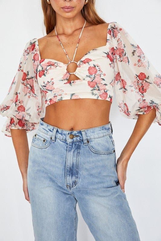 Flirty Floral Chiffon Bustier Crop Top - Red or Yellow - Avah Couture