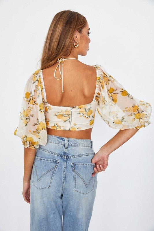 Flirty Floral Chiffon Bustier Crop Top - Red or Yellow - Avah Couture