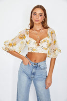 Flirty Floral Chiffon Bustier Crop Top - Red or Yellow - Avah Couture