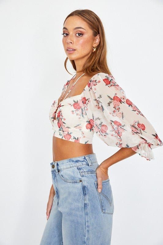 Flirty Floral Chiffon Bustier Crop Top - Red or Yellow - Avah Couture