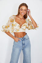 Flirty Floral Chiffon Bustier Crop Top - Red or Yellow - Avah Couture