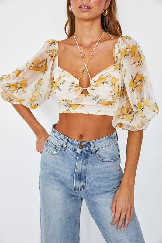 Flirty Floral Chiffon Bustier Crop Top - Red or Yellow - Avah Couture