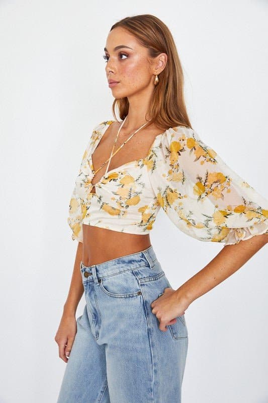 Flirty Floral Chiffon Bustier Crop Top - Red or Yellow - Avah Couture