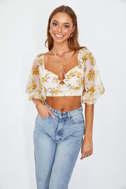 Flirty Floral Chiffon Bustier Crop Top - Red or Yellow - Avah Couture