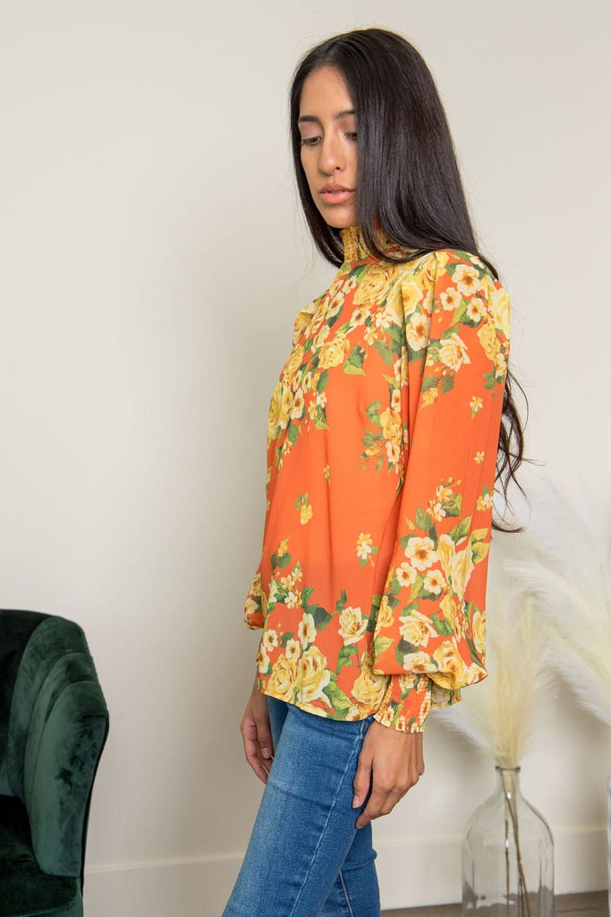 Floral Fantasy Mock Neck Blouse- Orange - Avah Couture