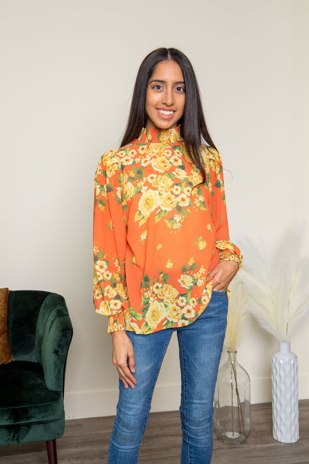 Floral Fantasy Mock Neck Blouse- Orange - AVAH