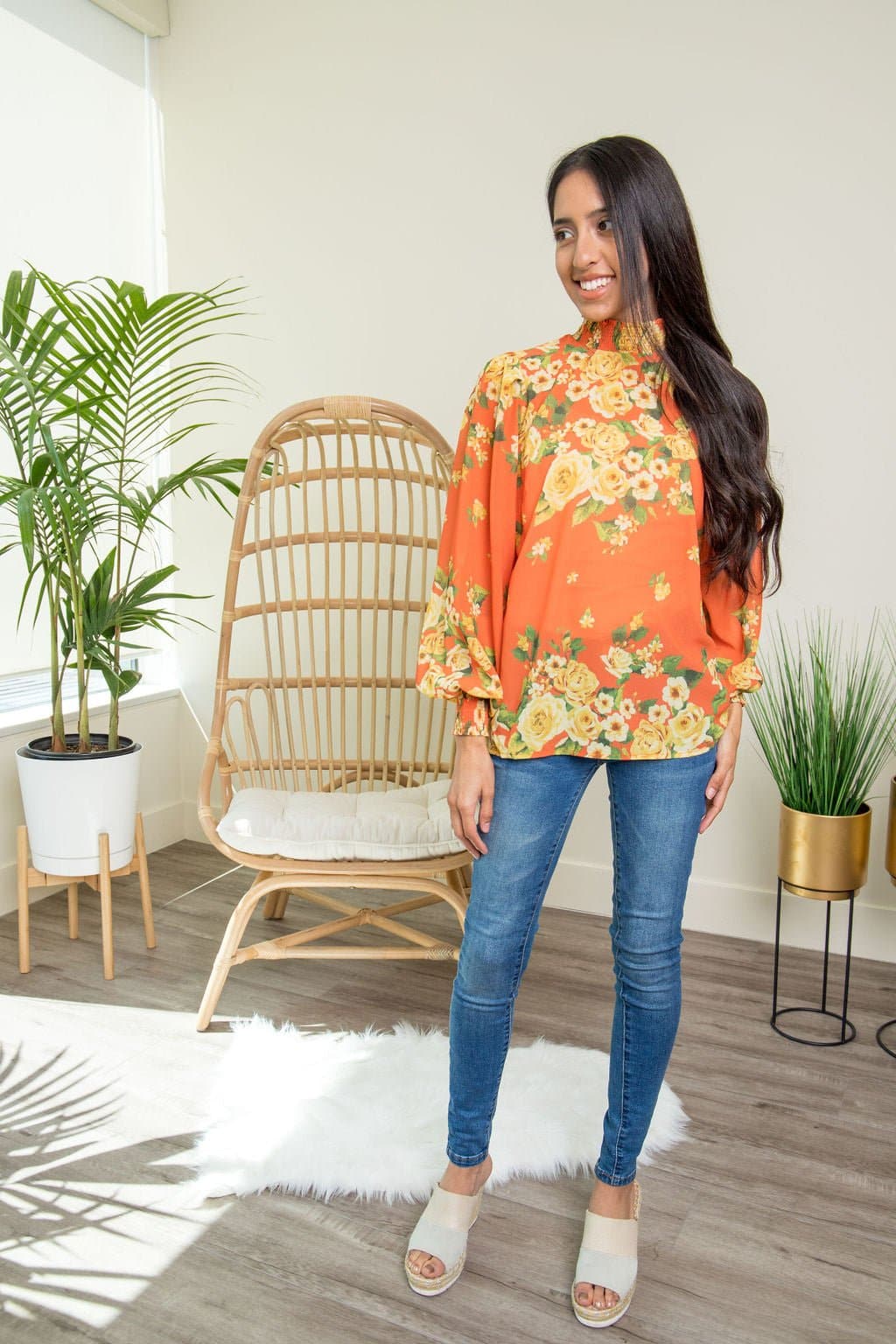 Floral Fantasy Mock Neck Blouse- Orange - AVAH