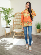 Floral Fantasy Mock Neck Blouse- Orange - AVAH