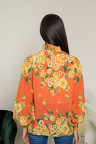 Floral Fantasy Mock Neck Blouse- Orange - AVAH