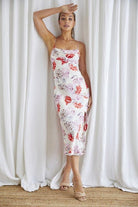 Florentina Cowl Neck Midi Floral Dress - White - AVAH