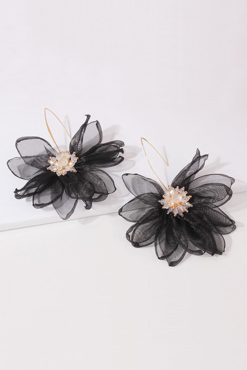 AVAH-Organza Flower Long Dangle Earrings-Black