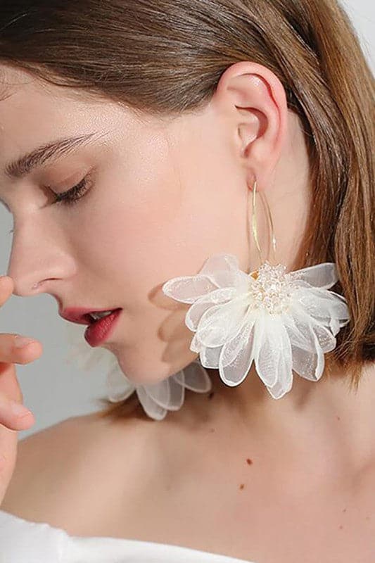 AVAH-Organza Flower Long Dangle Earrings-White