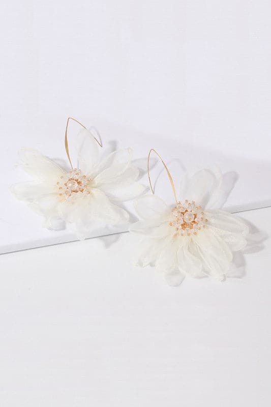 AVAH-Organza Flower Long Dangle Earrings-White