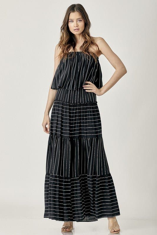 Khloe Pin Stripe Tube Maxi Dress - Black - Avah Couture