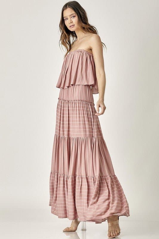 Khloe Pin Stripe Tube Maxi Dress Dusty Rose - Avah Couture